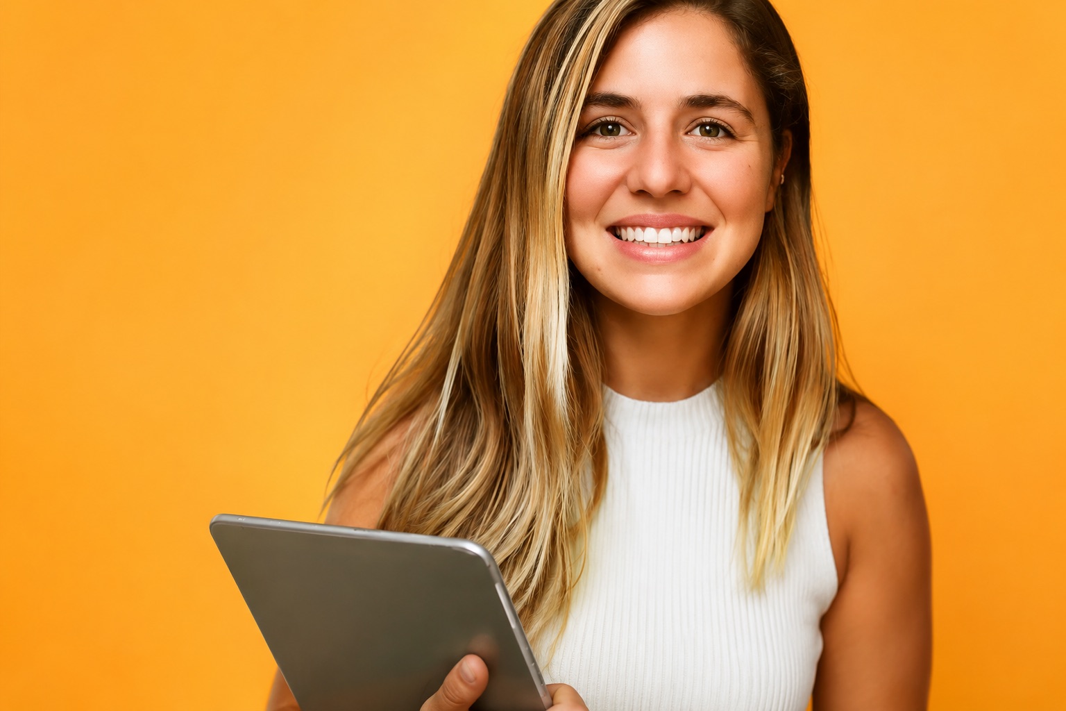 Inés at her desk with an orange tablet